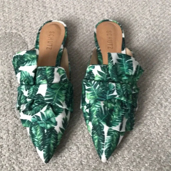 SCHUTZ Green Leaf Print Mules - Picture 1 of 5